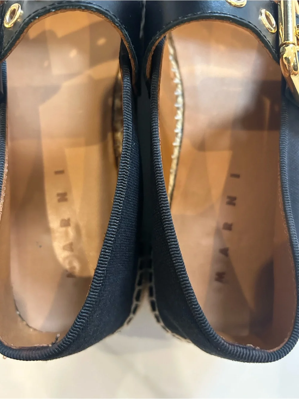 Marni Black Espadrille Mary Jane Flats with Gold Buckles